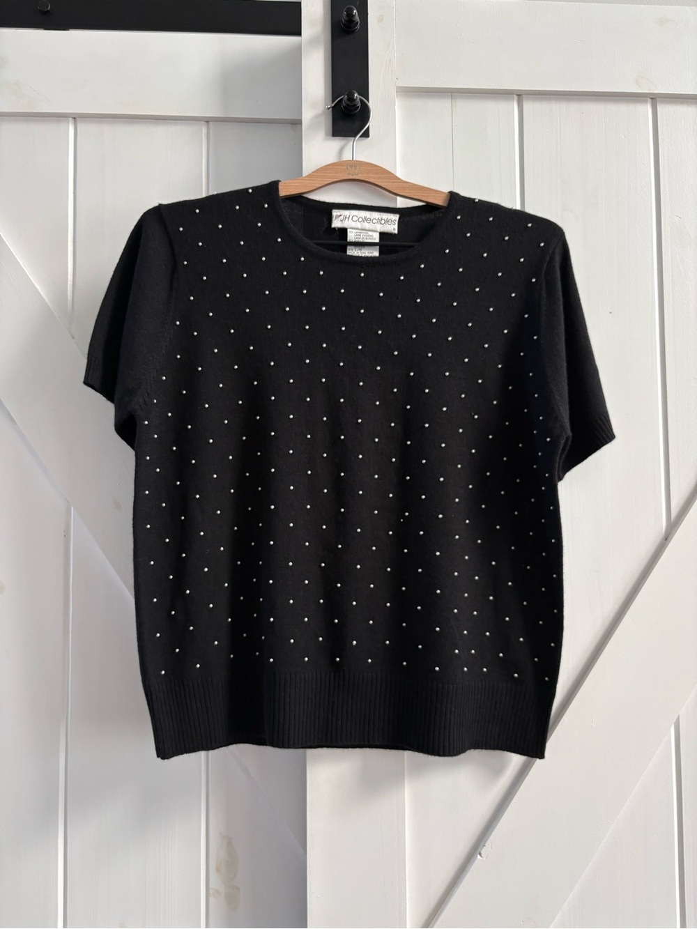JH Collectibles Vintage Pearl Stud Black Lambswool Short Sleeve Sweater